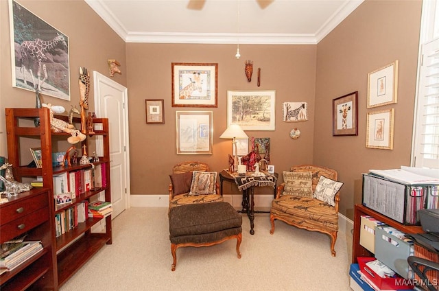 living area featuring crown molding and light carpet