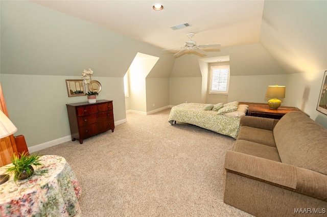 carpeted bedroom with lofted ceiling and ceiling fan