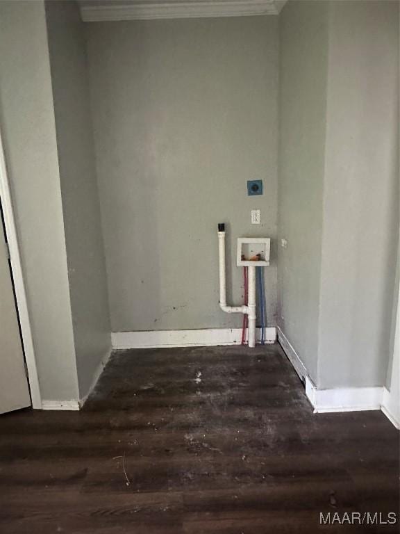 washroom with washer hookup, crown molding, dark wood-type flooring, and hookup for an electric dryer