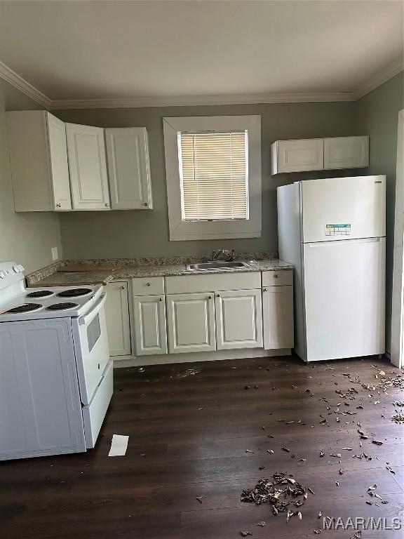 kitchen with white cabinetry, sink, light stone countertops, dark wood-type flooring, and white appliances