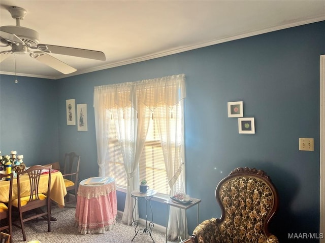 living area with carpet floors, ornamental molding, ceiling fan, and plenty of natural light