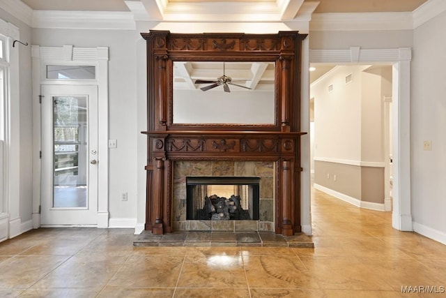 unfurnished living room featuring coffered ceiling, a ceiling fan, crown molding, baseboards, and a fireplace