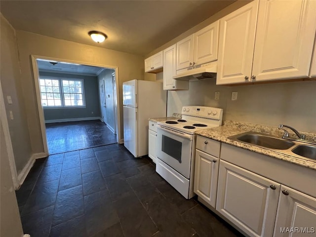 kitchen featuring white cabinetry, sink, and white appliances