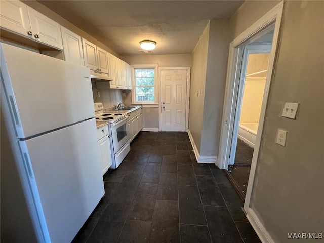 kitchen with white cabinetry, white appliances, and sink