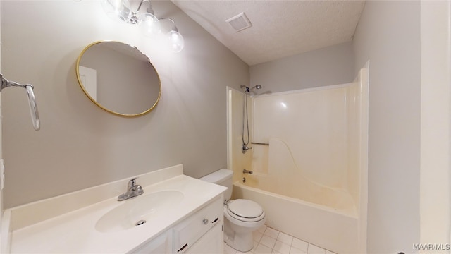 full bathroom featuring shower / bathing tub combination, tile patterned flooring, vanity, toilet, and a textured ceiling