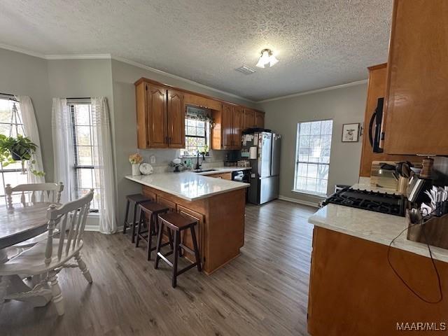 kitchen with sink, a breakfast bar area, stainless steel refrigerator, stove, and kitchen peninsula