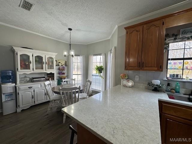 kitchen with crown molding, a chandelier, hanging light fixtures, a textured ceiling, and dark hardwood / wood-style floors