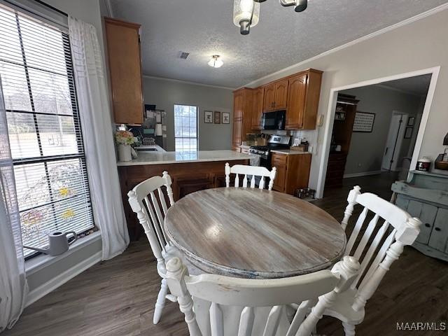 dining space with crown molding, dark wood-type flooring, a wealth of natural light, and a textured ceiling