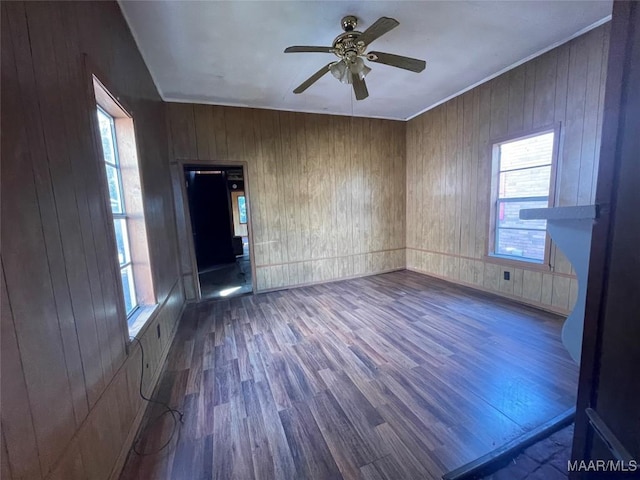 empty room with hardwood / wood-style flooring, wooden walls, and a wealth of natural light