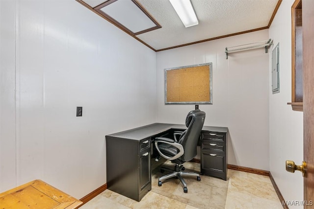 office featuring crown molding and a textured ceiling