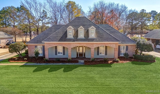 view of front of property with a front lawn and covered porch