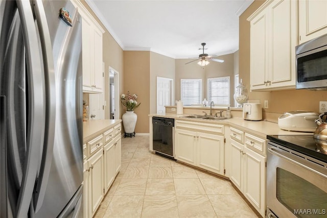 kitchen featuring sink, ornamental molding, ceiling fan, and appliances with stainless steel finishes