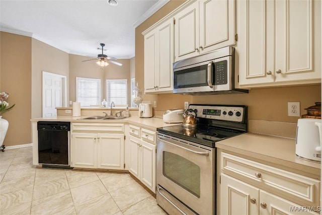 kitchen featuring sink, light tile patterned floors, ceiling fan, stainless steel appliances, and crown molding