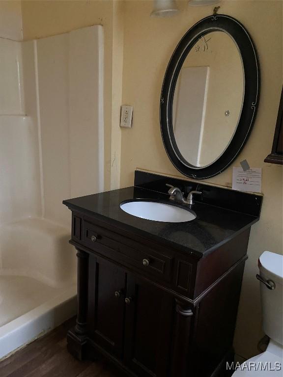 bathroom with vanity, toilet, and wood-type flooring