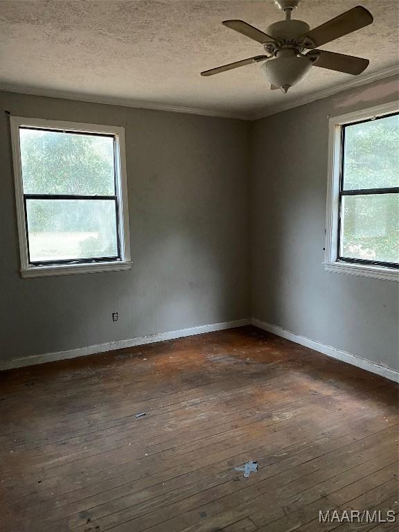 spare room featuring a textured ceiling, dark hardwood / wood-style floors, and a healthy amount of sunlight