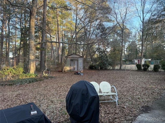 view of yard with a storage shed