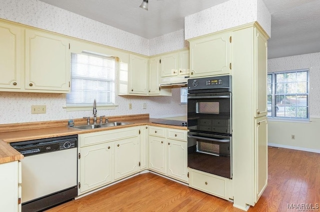 kitchen with sink, light hardwood / wood-style flooring, black double oven, white dishwasher, and cream cabinetry