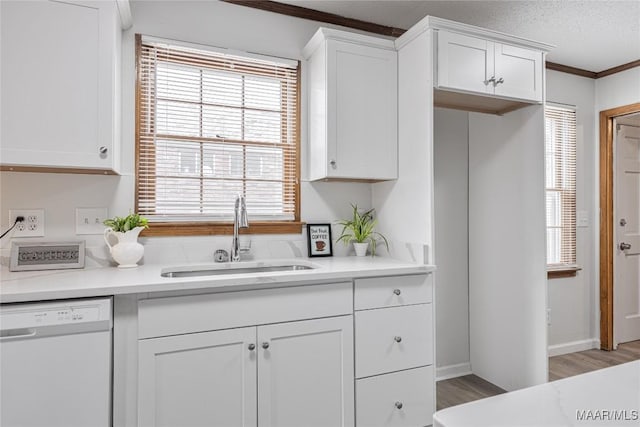 kitchen featuring white cabinetry, sink, crown molding, and white dishwasher