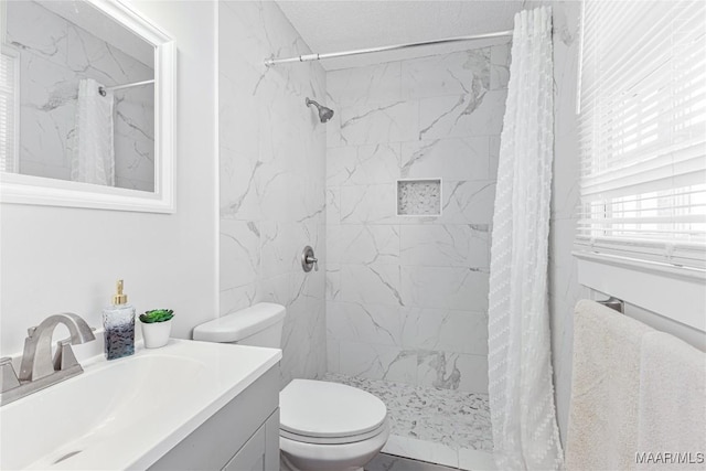 bathroom with toilet, vanity, and a shower with shower curtain