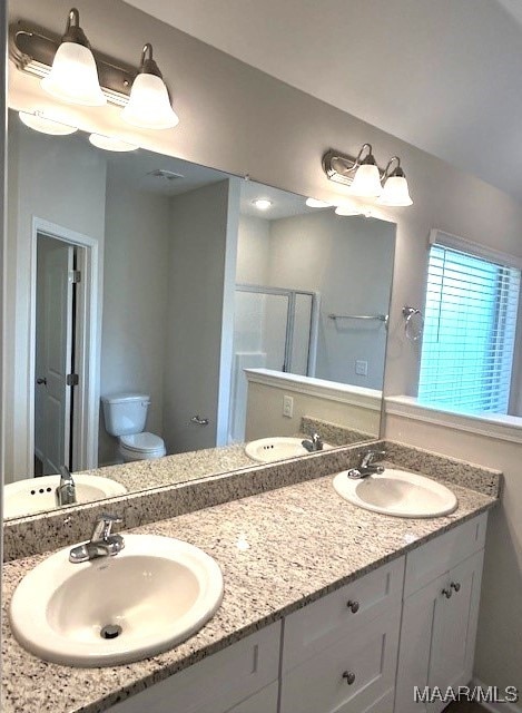 bathroom with vanity, an enclosed shower, and toilet