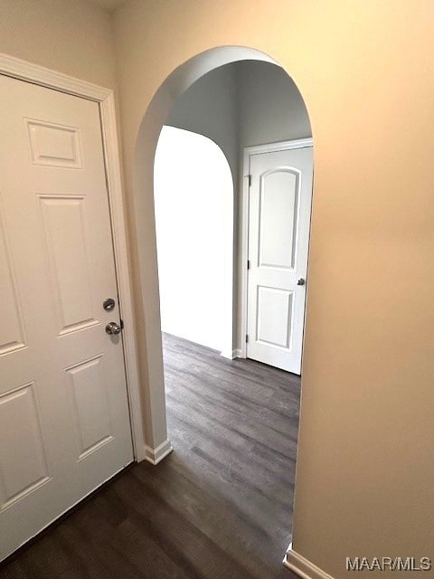 hall with dark wood-type flooring