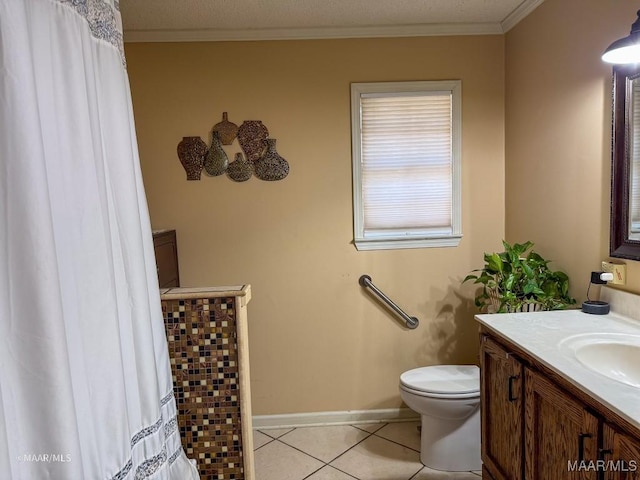 bathroom featuring crown molding, vanity, toilet, and tile patterned flooring