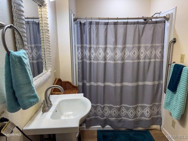 bathroom with hardwood / wood-style floors and sink