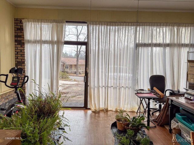 doorway to outside with crown molding and hardwood / wood-style flooring