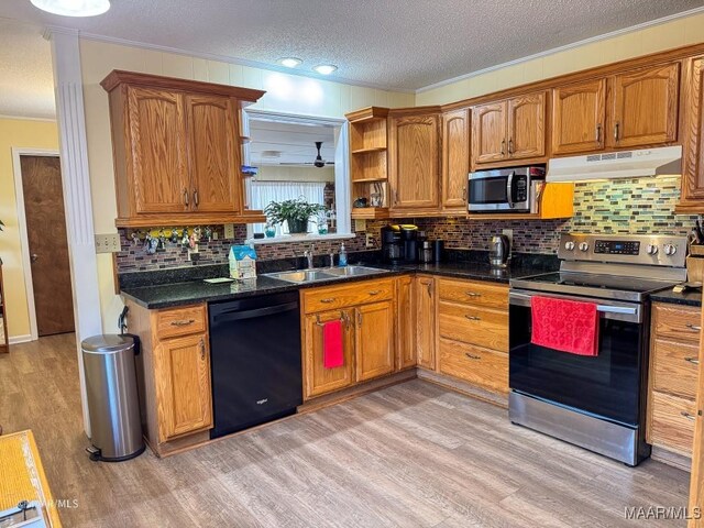 kitchen featuring sink, light hardwood / wood-style flooring, a textured ceiling, ornamental molding, and stainless steel appliances