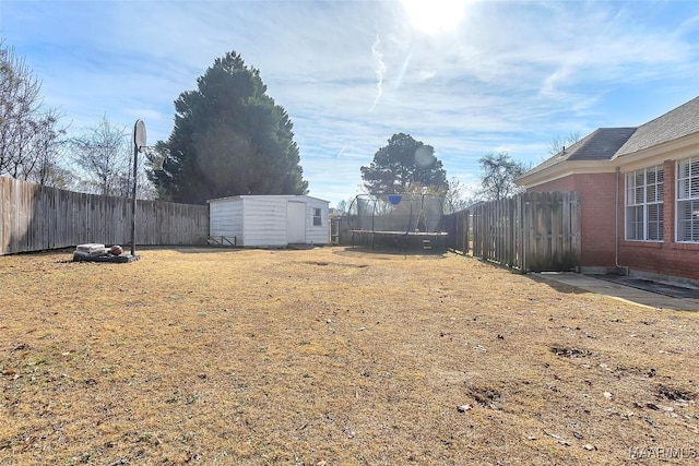 view of yard with a trampoline and a storage shed