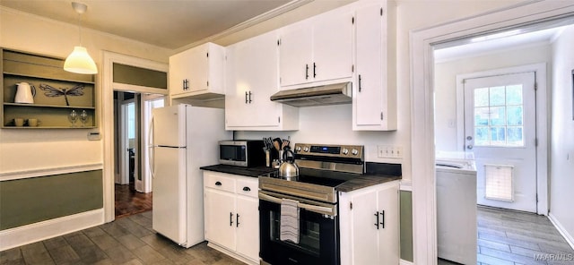 kitchen featuring white cabinetry, stainless steel appliances, dark hardwood / wood-style flooring, and hanging light fixtures