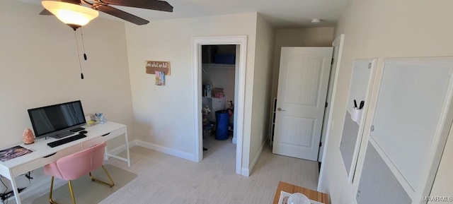 office space with ceiling fan and light hardwood / wood-style floors