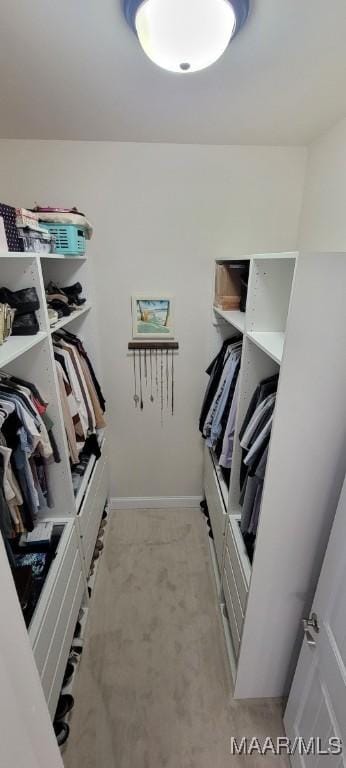 walk in closet with light colored carpet