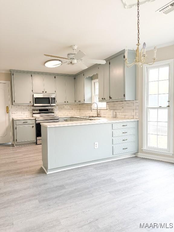 kitchen featuring gray cabinets, backsplash, light hardwood / wood-style floors, kitchen peninsula, and stainless steel appliances