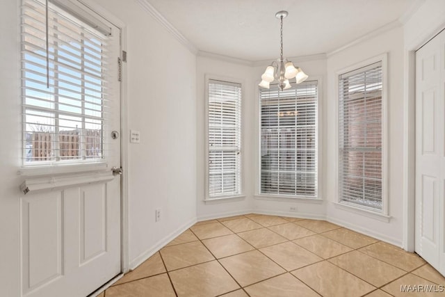 unfurnished dining area with ornamental molding, light tile patterned floors, and a chandelier