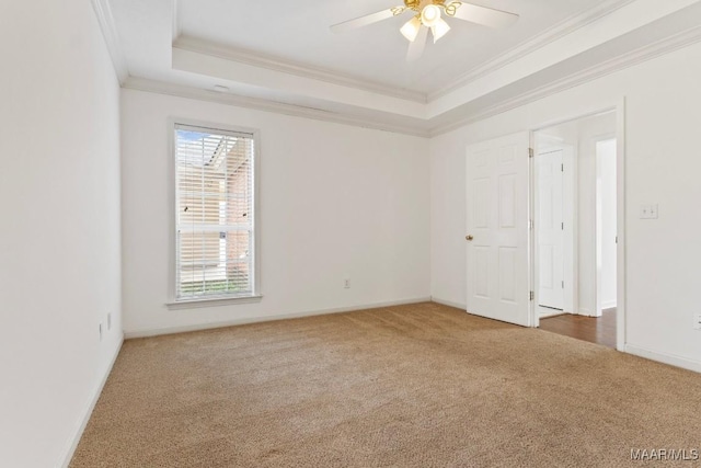 spare room featuring a raised ceiling, ornamental molding, carpet floors, and ceiling fan