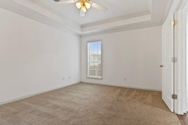 carpeted empty room featuring ceiling fan, ornamental molding, and a raised ceiling