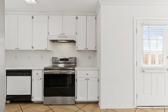 kitchen with light tile patterned floors, dishwasher, ornamental molding, white cabinets, and stainless steel electric stove