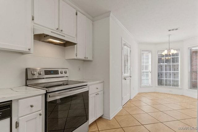 kitchen with decorative light fixtures, white cabinetry, stainless steel range with electric stovetop, ornamental molding, and light stone countertops