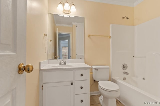 full bathroom with ornamental molding, vanity, toilet, bathing tub / shower combination, and tile patterned floors