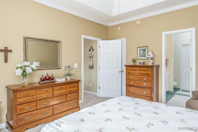 bedroom with light carpet, ensuite bath, and ornamental molding