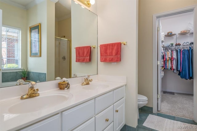 bathroom with a shower with door, vanity, and toilet