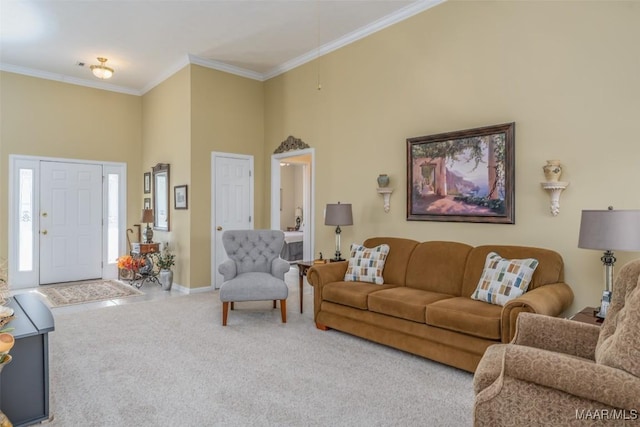 living room featuring crown molding, a towering ceiling, and carpet