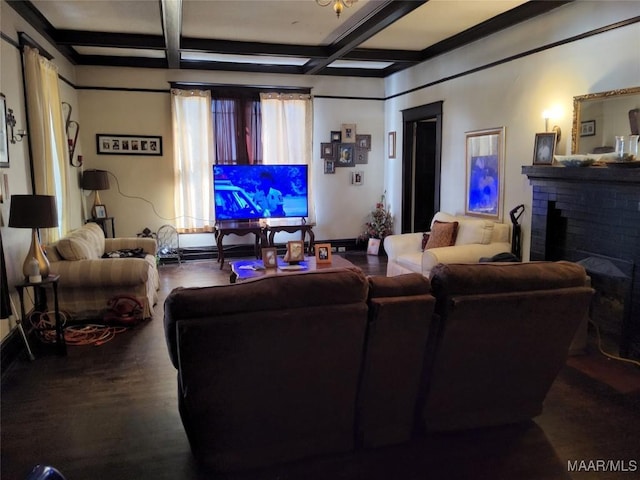 living room with coffered ceiling, a fireplace, hardwood / wood-style flooring, and beamed ceiling