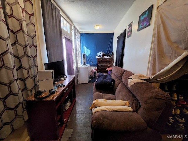 living room with a textured ceiling