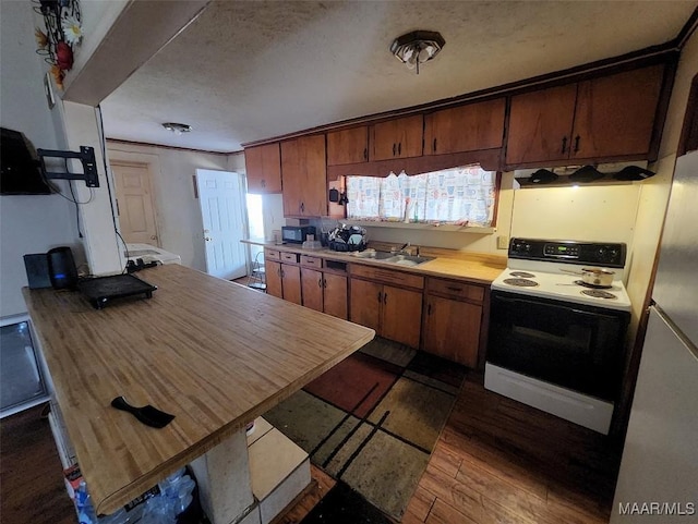 kitchen featuring dark wood-type flooring, range hood, sink, and electric range oven