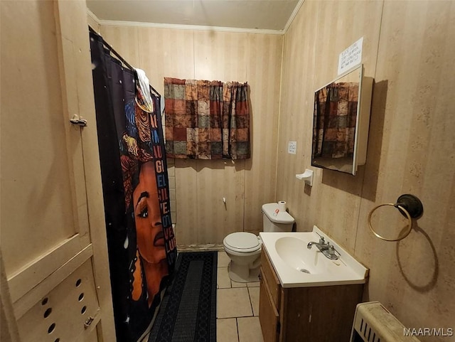 bathroom featuring crown molding, vanity, tile patterned flooring, and a shower with shower curtain