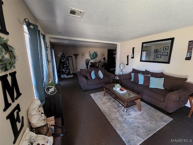 living room with a textured ceiling