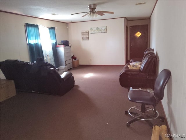 carpeted living room with crown molding and ceiling fan