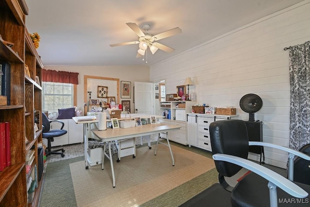 office area featuring ceiling fan and lofted ceiling